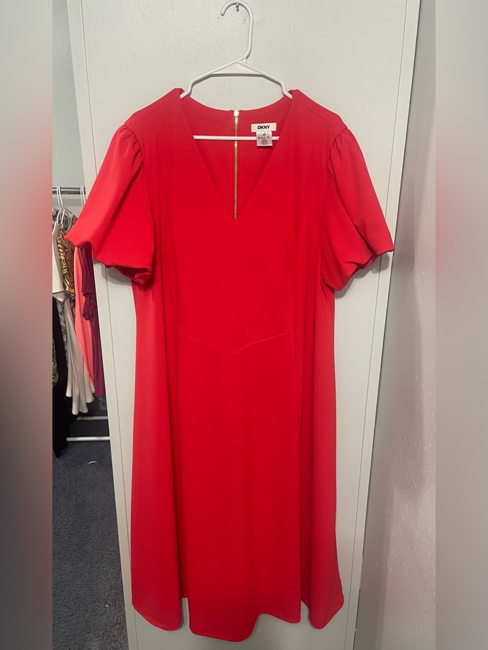 DKNY Women's  Red Maxi Size 18 V- Neck Dress Ruffle Sleeve